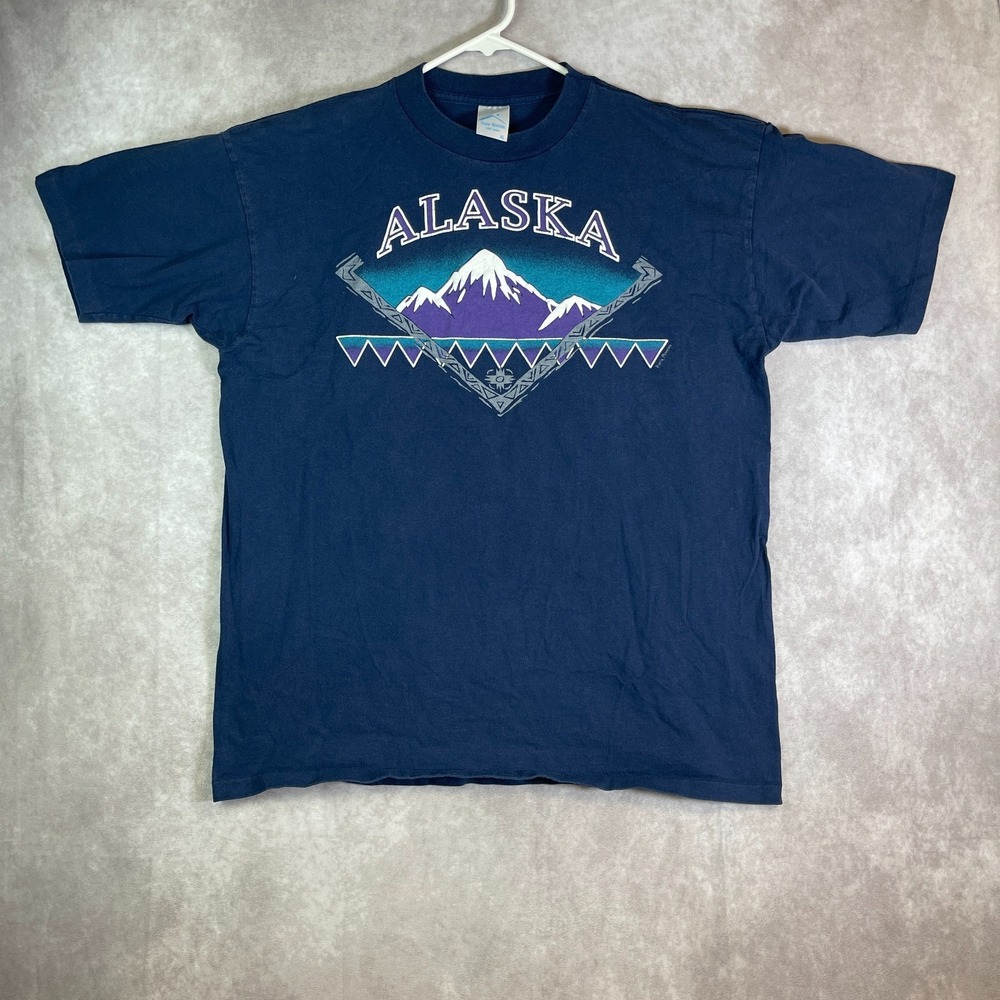 VINTAGE Alaska Shirt Adult XL Blue Single Stitch Mountains Nature USA Made 90s